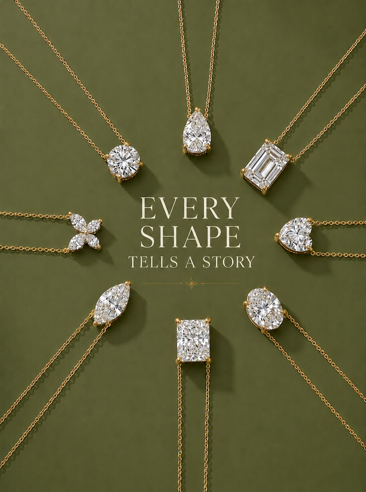 Illustrated guide showing ten popular diamond cuts including round, princess, oval, cushion, emerald, pear, marquise, radiant, asscher and heart shapes